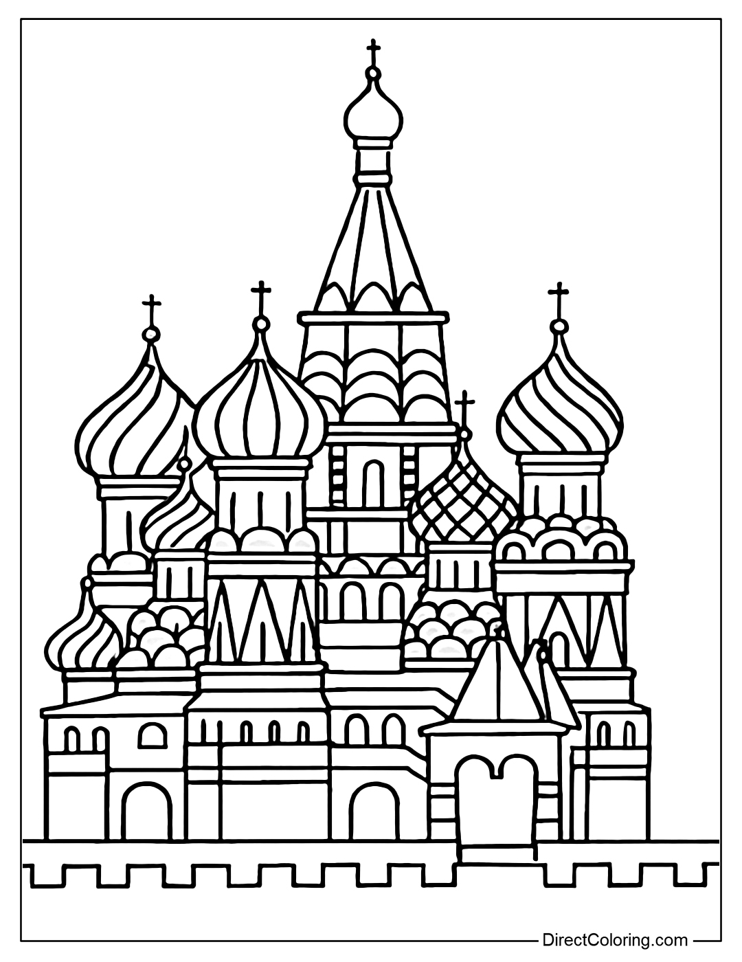 St. Basil's Cathedral Coloring Page with onion domes, simple and easy to color patterns.